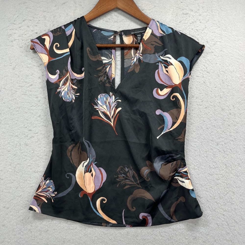White House Black Market Blouse Womens XXS Black Floral Satin Cap Sleeve WHBM
